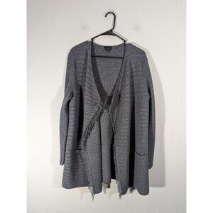 Talbots Grey‎ Merino Wool Fringe Open Front Cardigan Women Size L